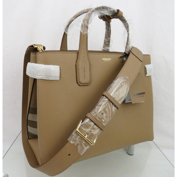 $1790 BURBERRY MD BANNER CAMEL TAN LEATHER CHECK LOGO SHOULDER MEDIUM TOTE BAG - Picture 1 of 13